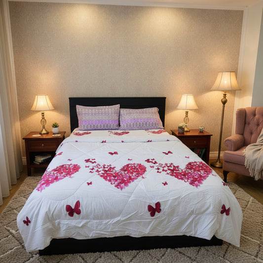 Floral-patterned bedspread with pink hearts and butterflies on a bed in a room.
