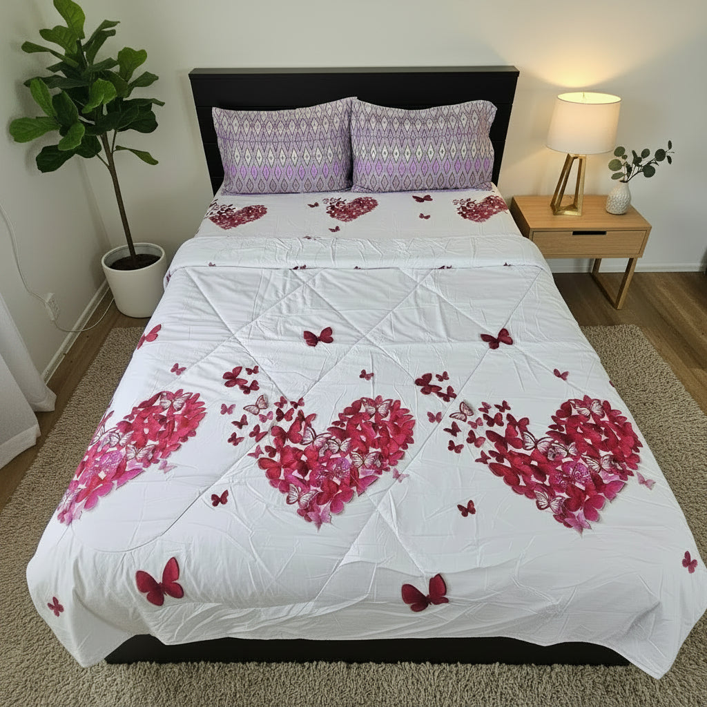 Bed with white comforter featuring pink heart and butterfly patterns, purple pillows, and a plant on a wooden floor.