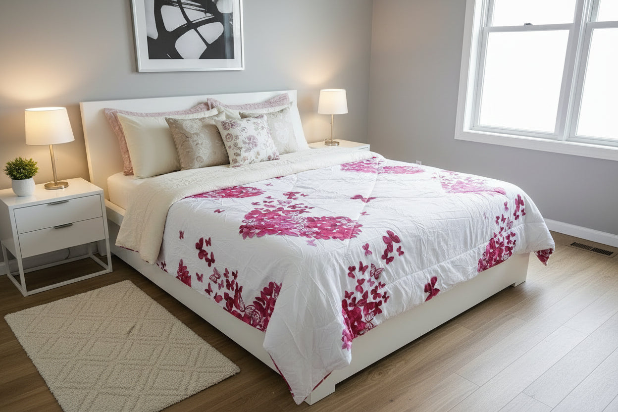 Floral-patterned comforter on a bed with matching pillows.