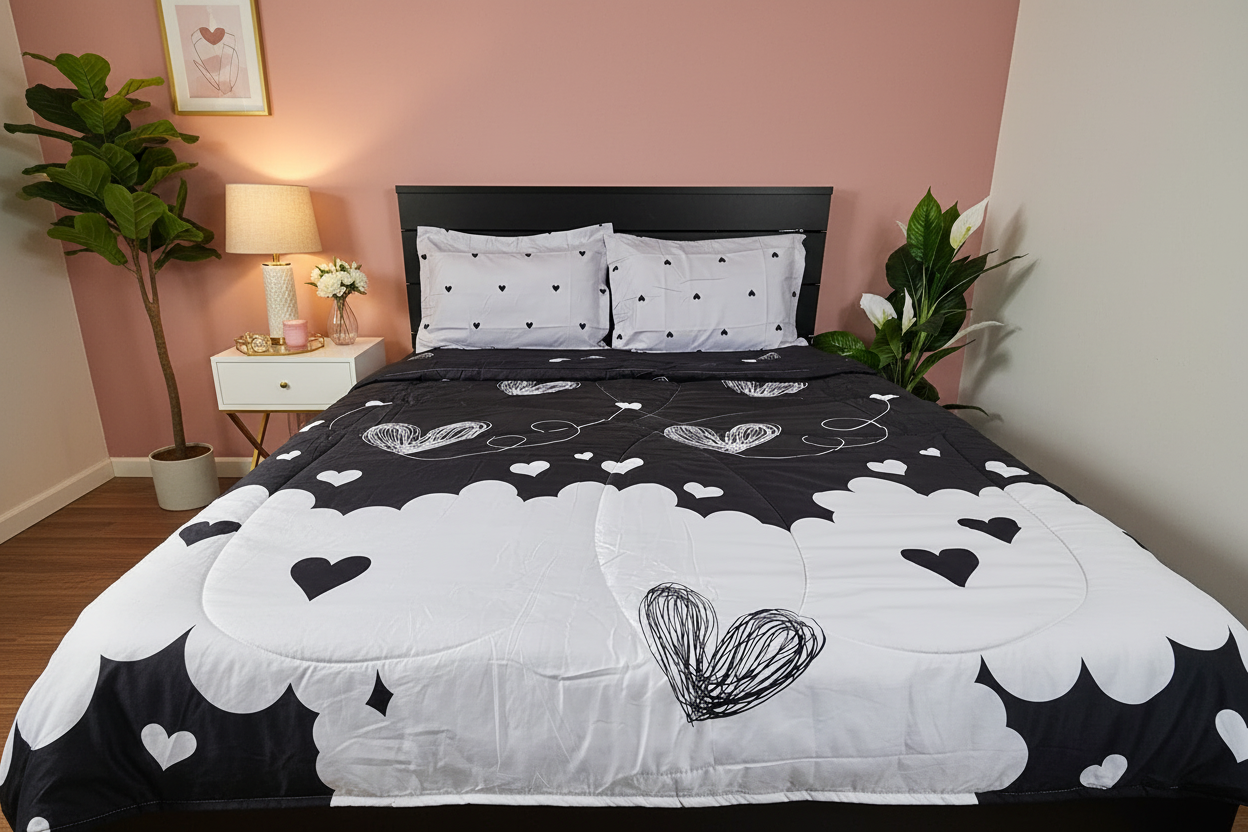 Black Heart Comforter - Blush Pink Romantic Bedroom