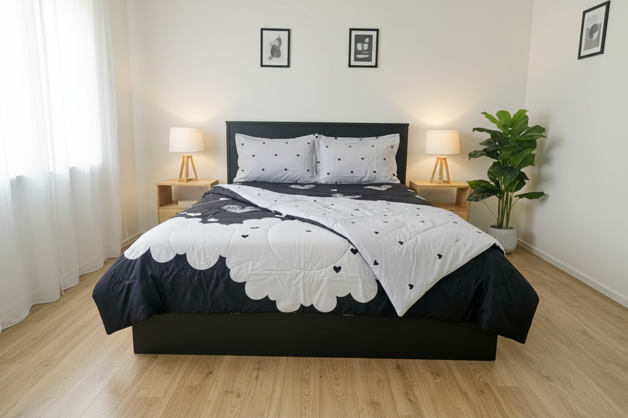 Black Heart Comforter - Modern White Bedroom