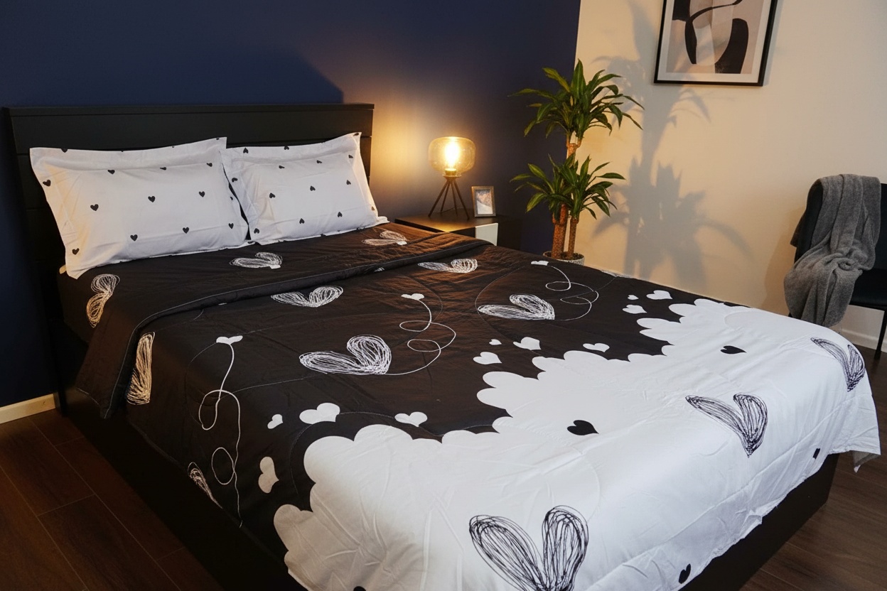 Black Heart Comforter - Navy Luxurious Bedroom
