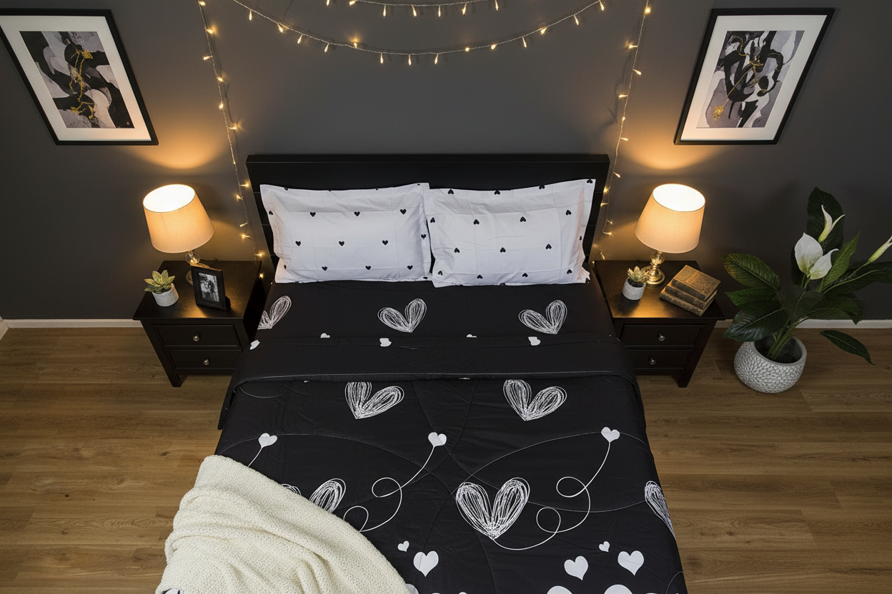 Black Heart Comforter - Romantic Dark Bedroom