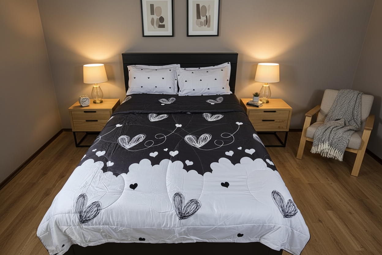 Black Heart Comforter - Warm Grey Bedroom