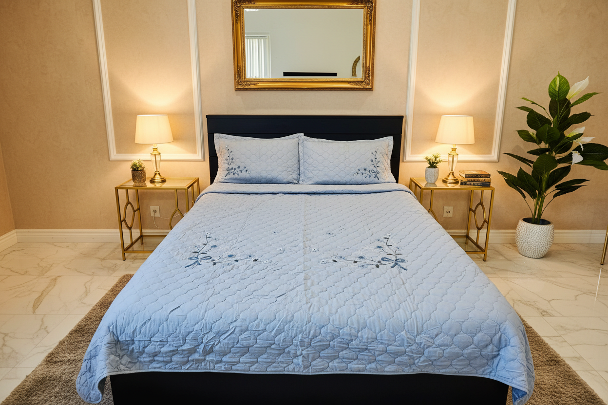 Blue Coverlet - Hotel Ivory Bedroom