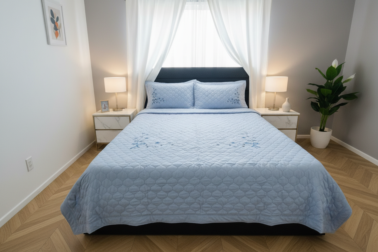 Blue Coverlet - Modern Grey Bedroom