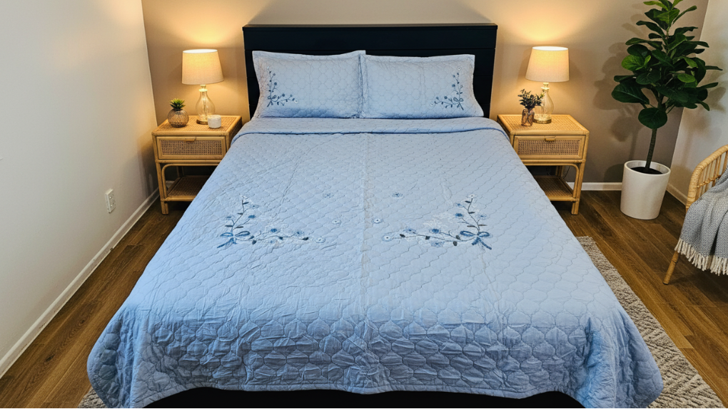 Blue Coverlet - Warm Greige Bedroom
