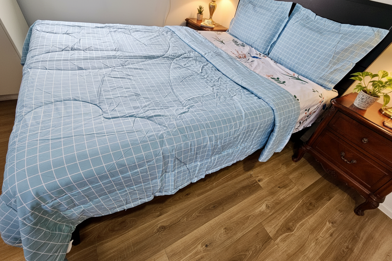 Blue Grid Comforter - Cream Cozy Bedroom