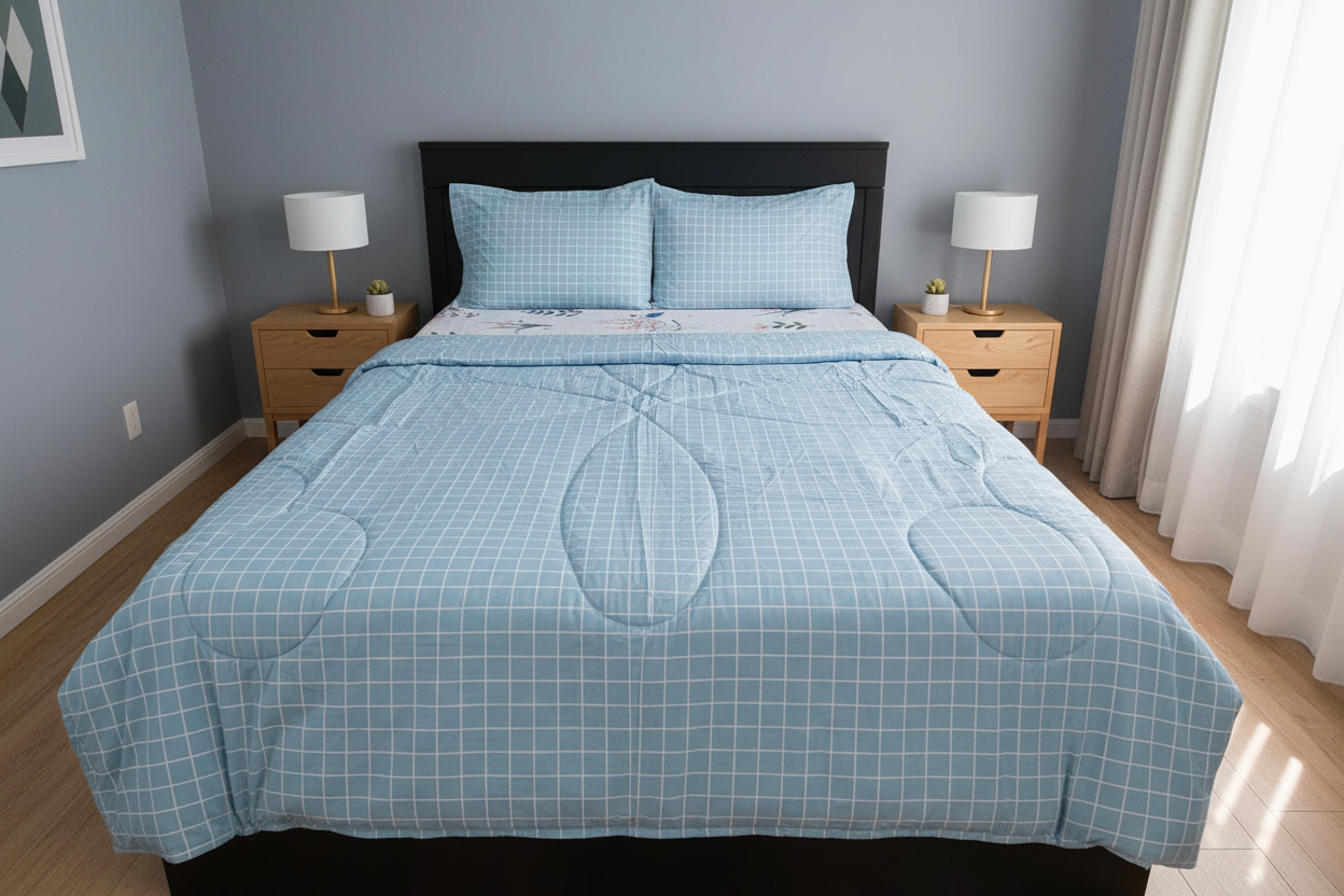Blue Grid Comforter - Grey-Blue Modern Bedroom