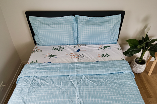Blue Grid Comforter - Scandinavian Bedroom