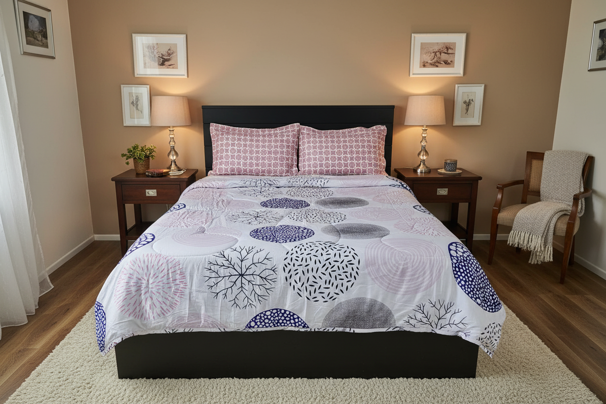 Circle Print Comforter - Warm Beige Bedroom
