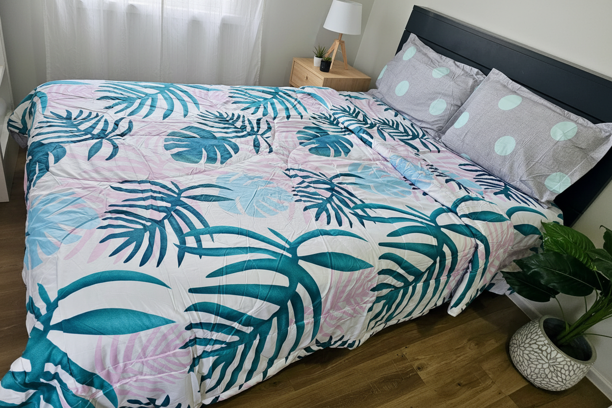 Tropical Leaf Comforter - Modern Grey Bedroom
