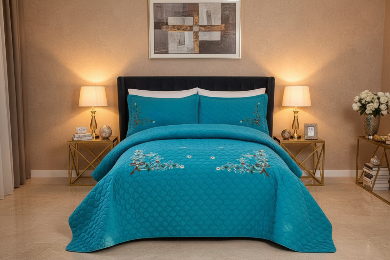 Turquoise Coverlet - Luxurious Beige Bedroom