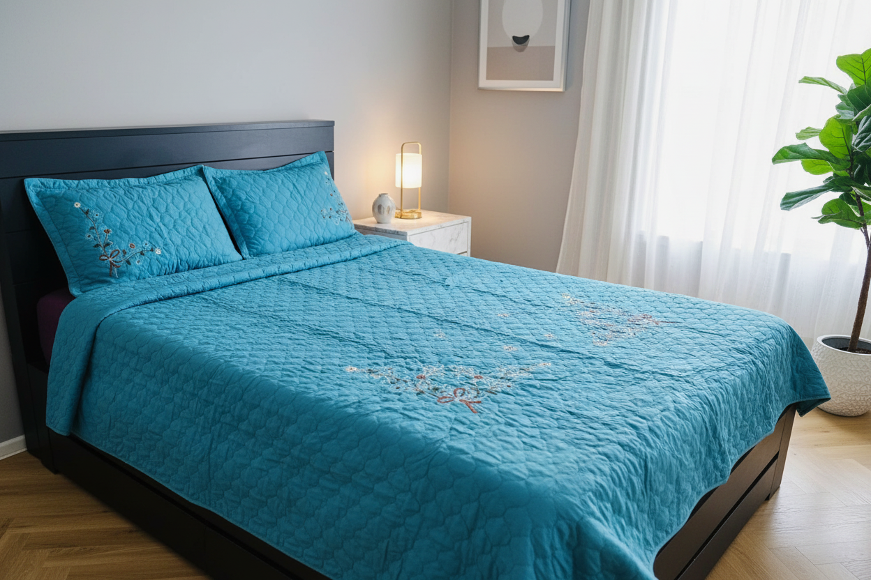 Turquoise Coverlet - Modern Grey Bedroom